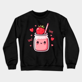 Strawberry Milkshake Drink with Strawberries and Hearts in Kawaii Style | Cutesy Kawaii Crewneck Sweatshirt